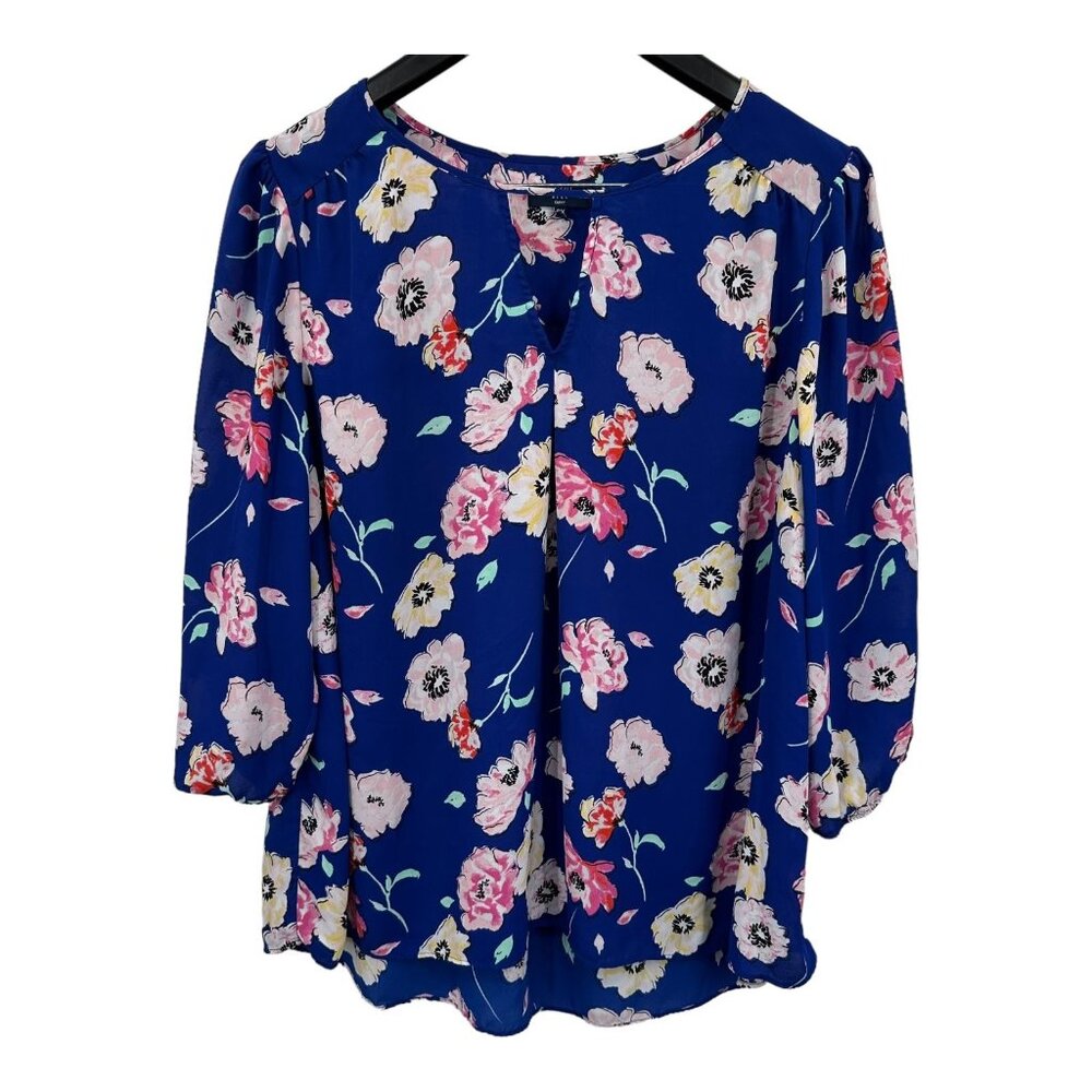 Kaari Blue Women's Floral Blouse 2X Curvy 3/4 Sleeve Keyhole Blue Pink